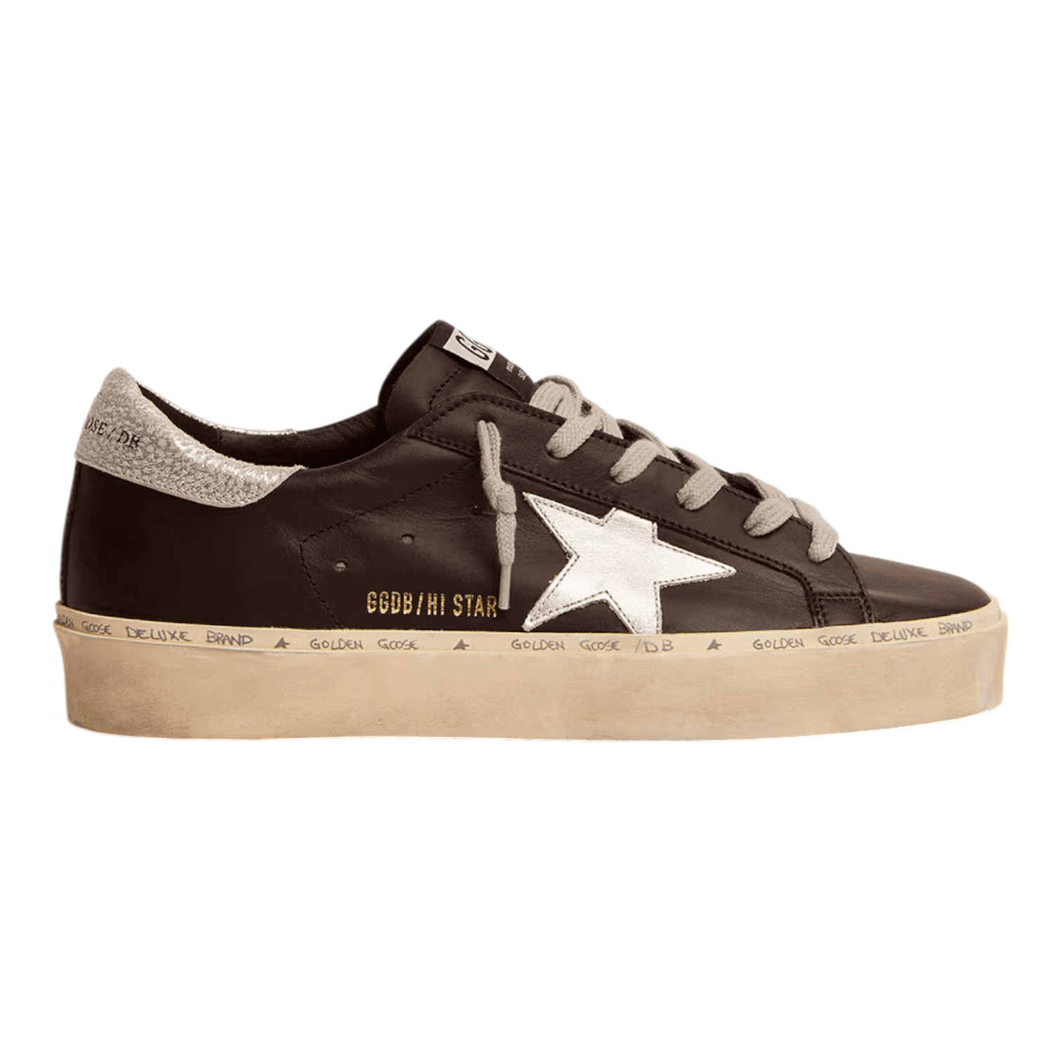 スニーカー GOLDEN GOOSE BLACK AND SILVER LEATHER HI STAR SNEAKERS Women's Hi Star in black leather with silver glitter heel tab